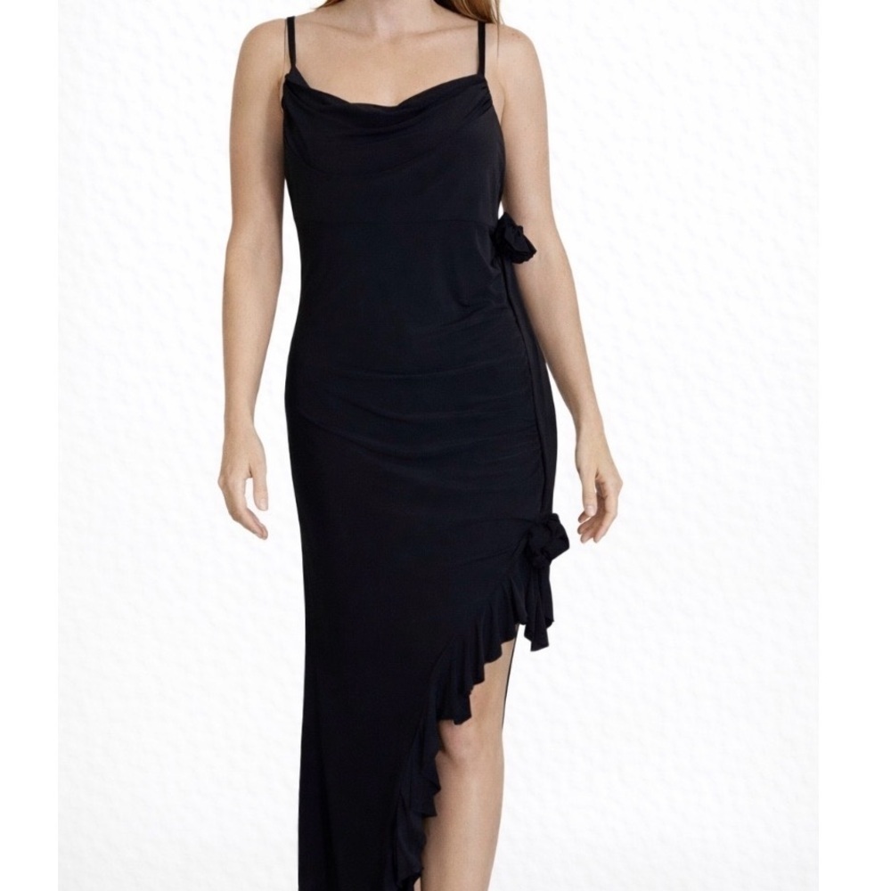 AS U WISH maxi dress black high slit ruffle edge stretch cowl neck NEW SZ LG